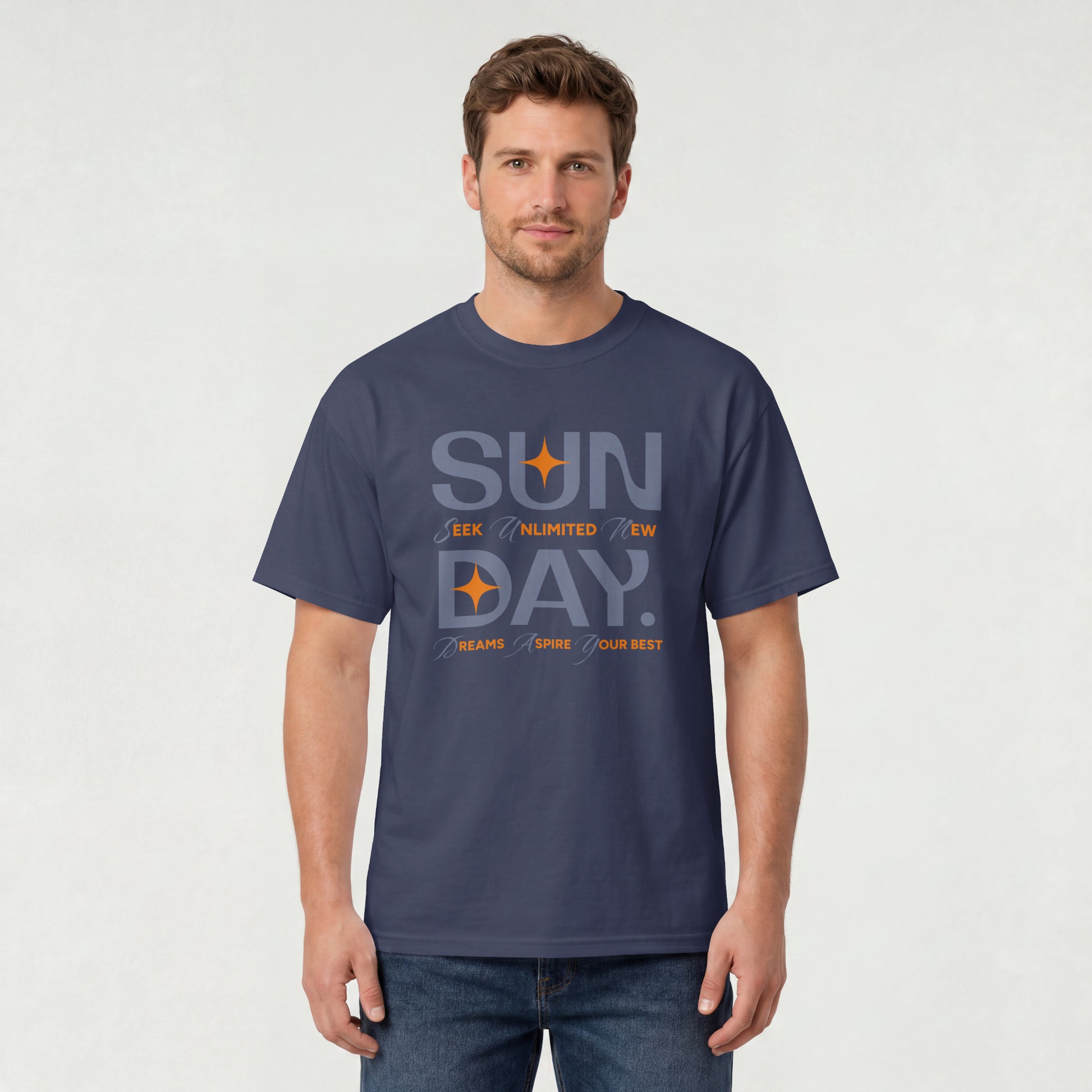 Navy Blue unisex oversized t-shirt featuring 'Sunday Seek Unlimited New Day' graphic print, front view.