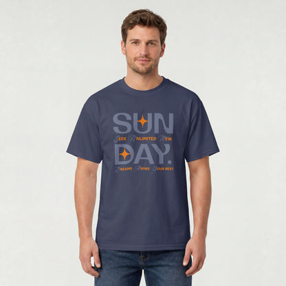Navy Blue unisex oversized t-shirt featuring 'Sunday Seek Unlimited New Day' graphic print, front view.