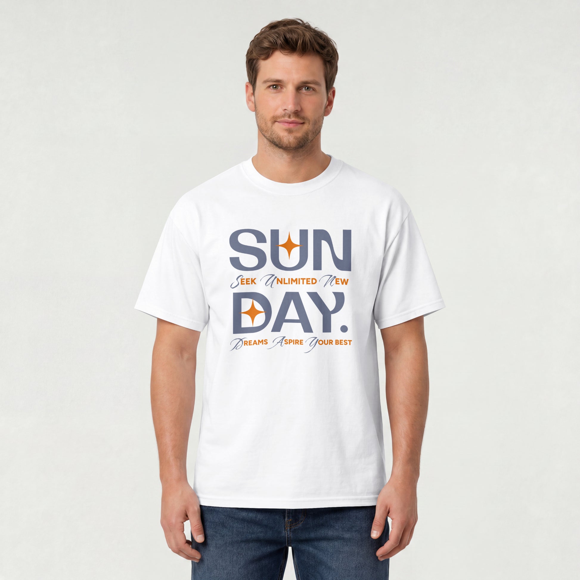 White unisex oversized t-shirt featuring 'Sunday Seek Unlimited New Day' graphic print, front view.