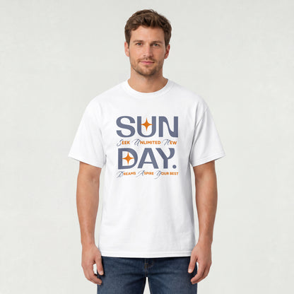 White unisex oversized t-shirt featuring 'Sunday Seek Unlimited New Day' graphic print, front view.