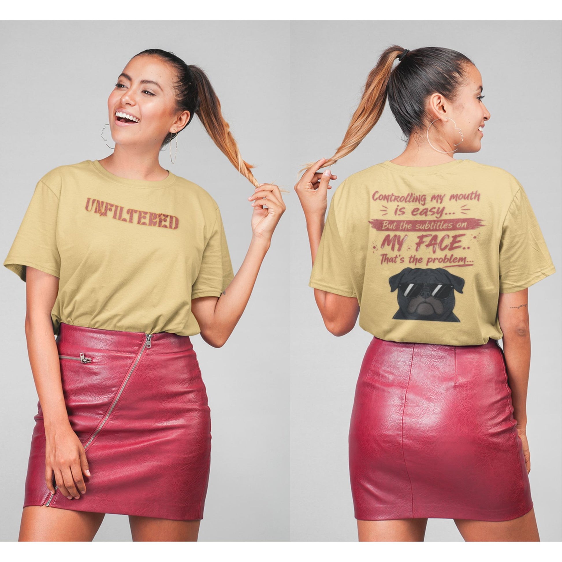 Beige Funny oversized graphic t-shirt with sarcastic quote and cool dog design for Indian meme lovers and casual streetwear fans