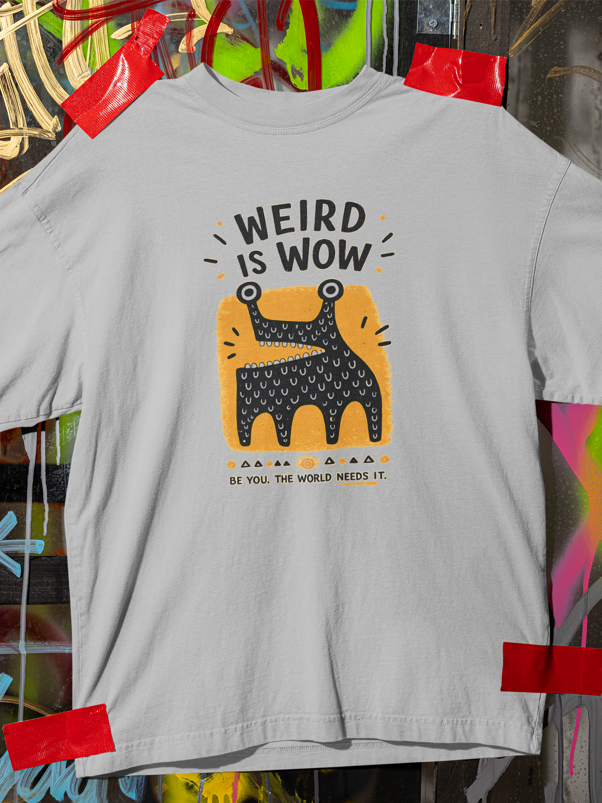 Grey Melange oversized unisex graphic t-shirt with Weird Is Wow monster design and motivational quote