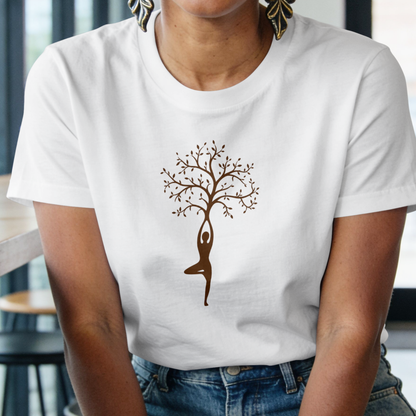 White Women's Tree of Life Yoga Graphic T-Shirt in premium cotton with Vrikshasana yoga pose print and round neck design