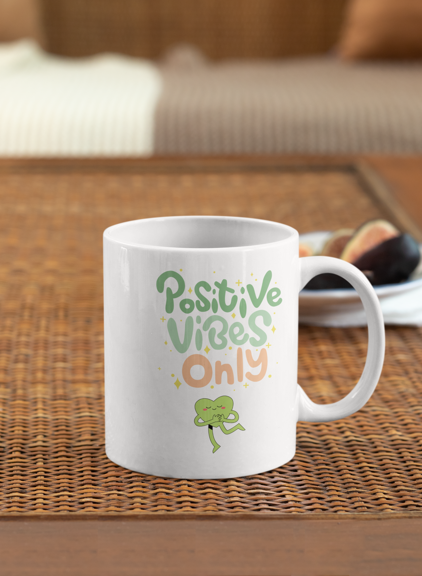 Positive Vibes Only 11oz mug design with cute green hugging heart on black background