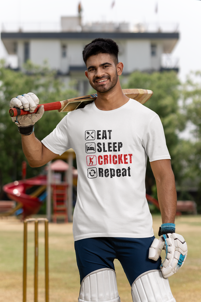White Graphic tee featuring Eat Sleep Cricket Repeat slogan, ideal for Indian cricket enthusiasts
