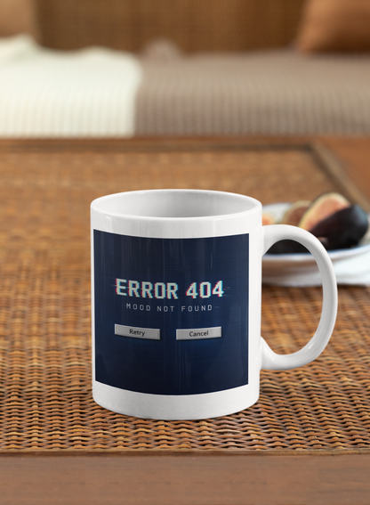 Retro Error 404 Mood Not Found mug with vintage computer aesthetic on dark blue background, 11 oz ceramic coffee mug