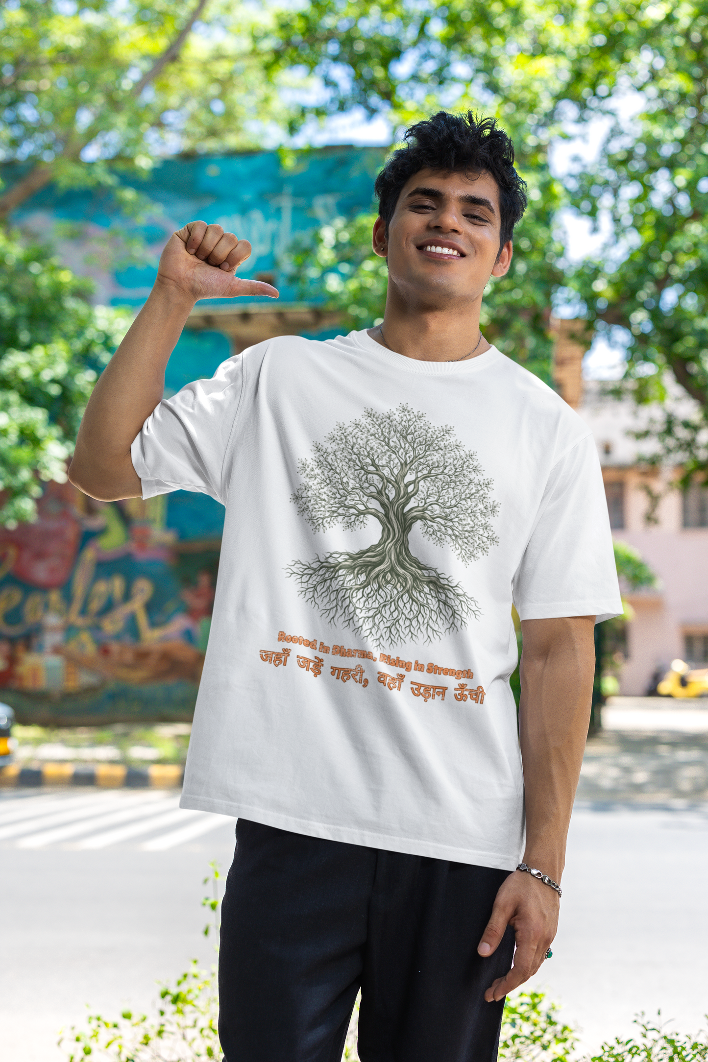 White Men’s oversized Tree of Life graphic t-shirt with gnarled tree print, 100% cotton streetwear tee