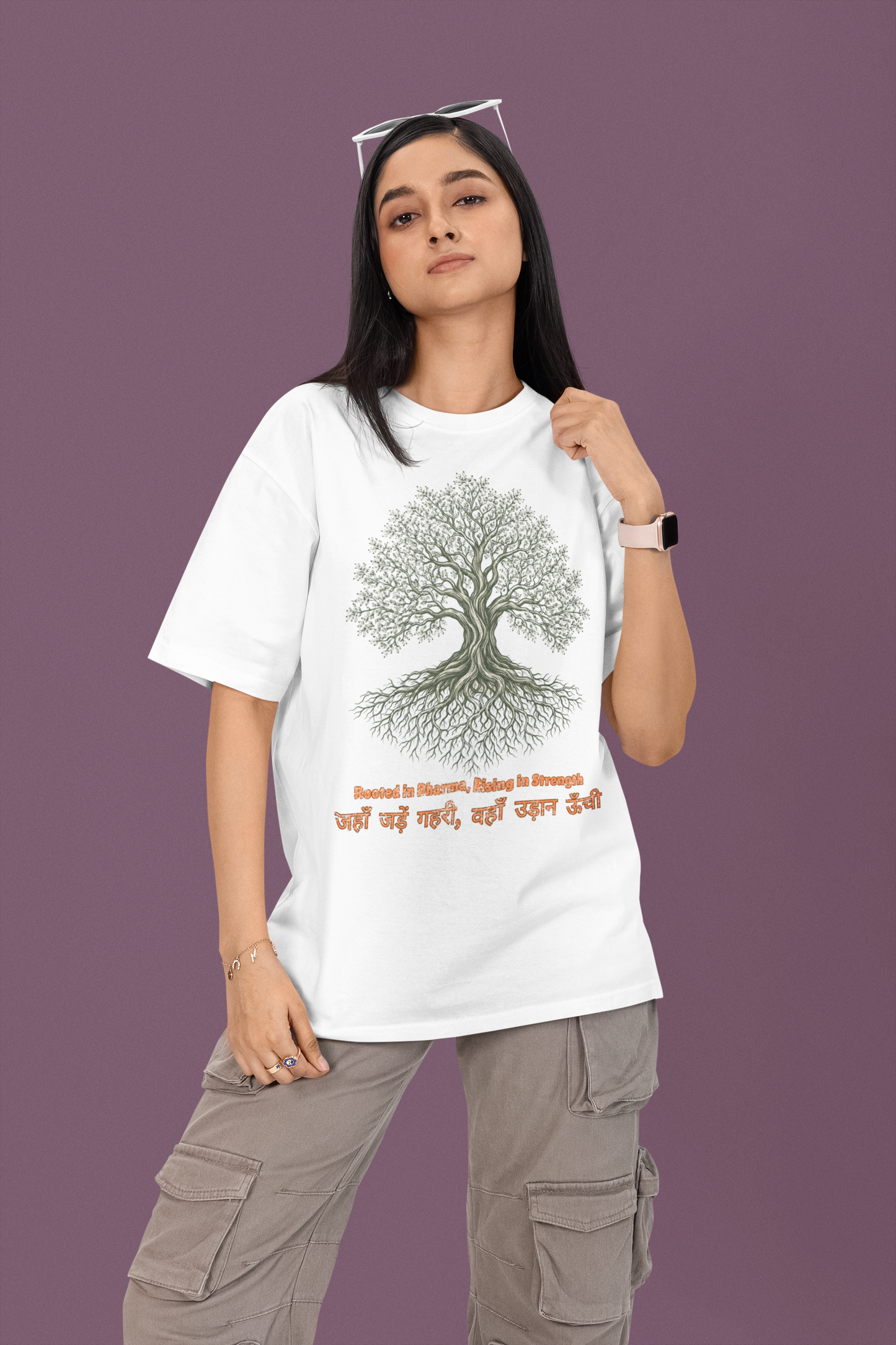 White Women’s oversized Tree of Life graphic t-shirt with gnarled tree print, 100% cotton streetwear tee