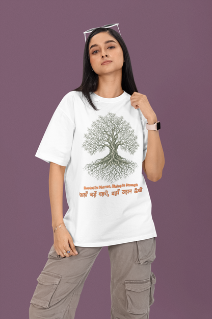 White Women’s oversized Tree of Life graphic t-shirt with gnarled tree print, 100% cotton streetwear tee