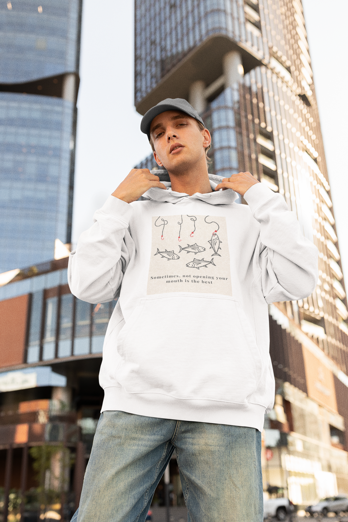 White Oversized unisex hoodie with aesthetic fish graphic print, Gen Z streetwear style, relaxed fit sweatshirt India