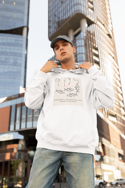 White Oversized unisex hoodie with aesthetic fish graphic print, Gen Z streetwear style, relaxed fit sweatshirt India