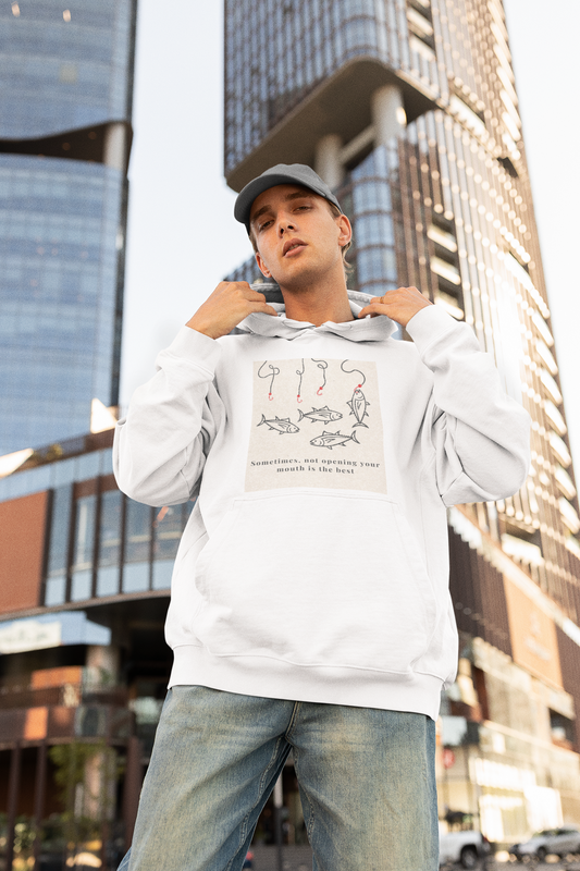 White Oversized unisex hoodie with aesthetic fish graphic print, Gen Z streetwear style, relaxed fit sweatshirt India