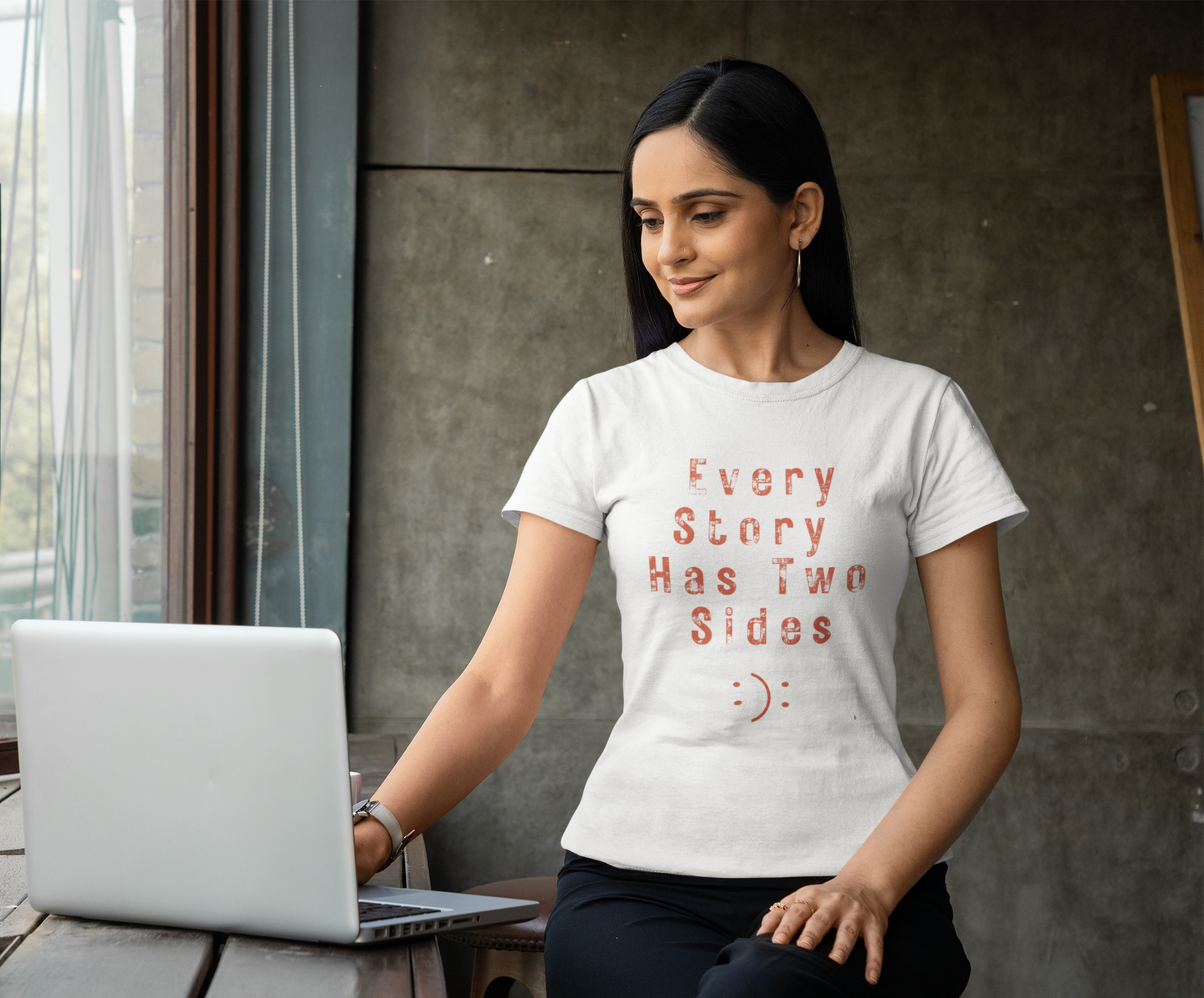 White Women’s black graphic t-shirt with ‘Every Story Has Two Sides’ inspirational quote design