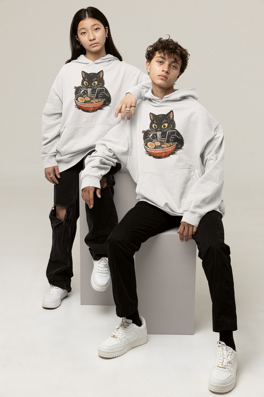 Cat Ramen Hoodie in White – oversized unisex hoodie with black cat eating ramen graphic print