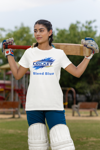 Woman holding a cricket bat with a white t-shirt in an outdoor 