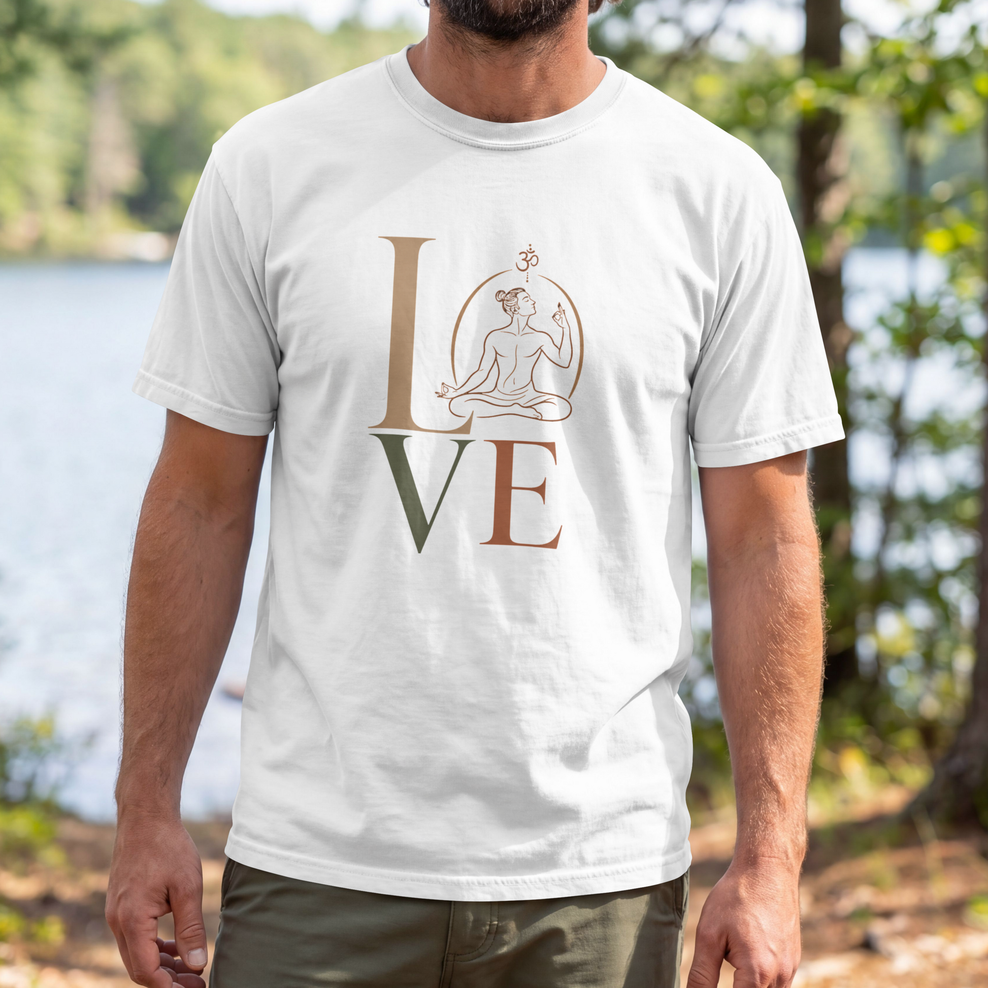 A man modelling a white graphic t-shirt featuring a minimalist "LOVE" design with a meditating yoga pose and an Om symbol