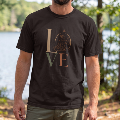 A man modelling a coffee brown graphic t-shirt featuring a minimalist "LOVE" design with a meditating yoga pose and an Om symbol