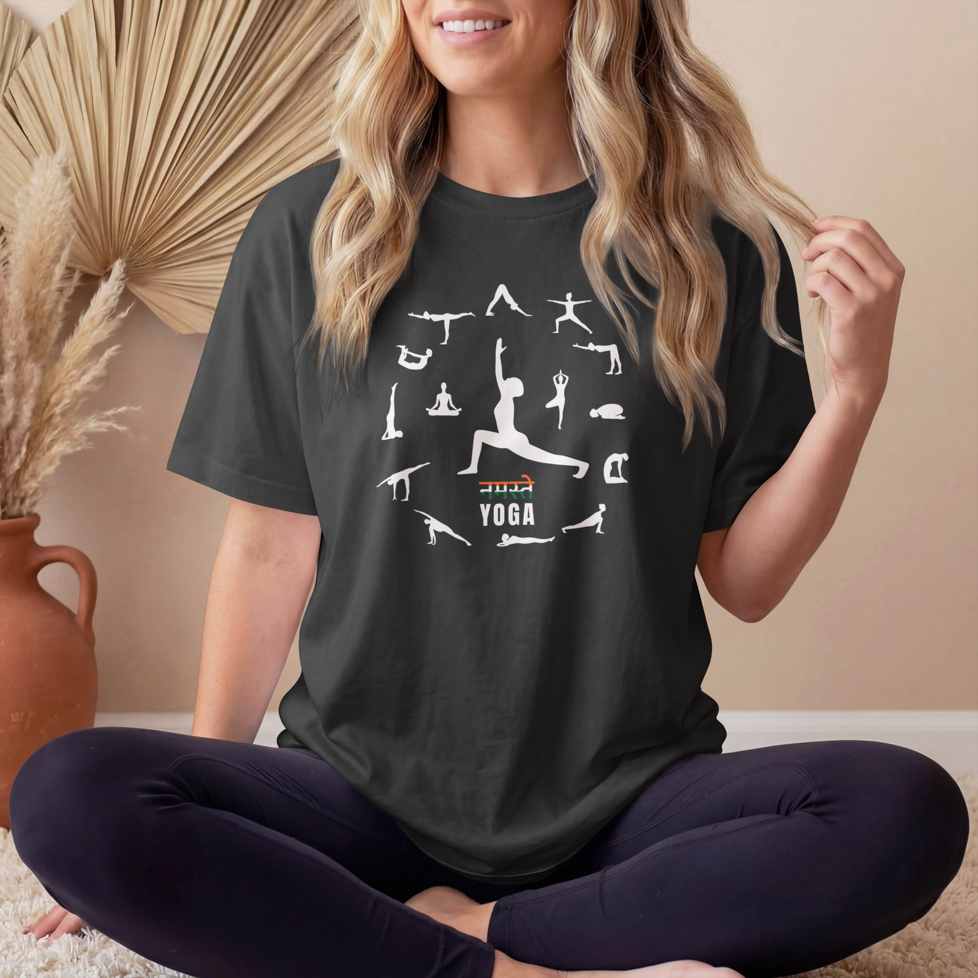 Black Women's Namaste Yoga Poses T-Shirt featuring yoga asanas graphic design on premium cotton tee