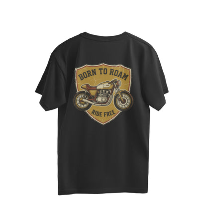 Back view of a black Nauma oversized t-shirt with a mustard yellow Born To Roam cafe racer motorcycle badge printed across the back