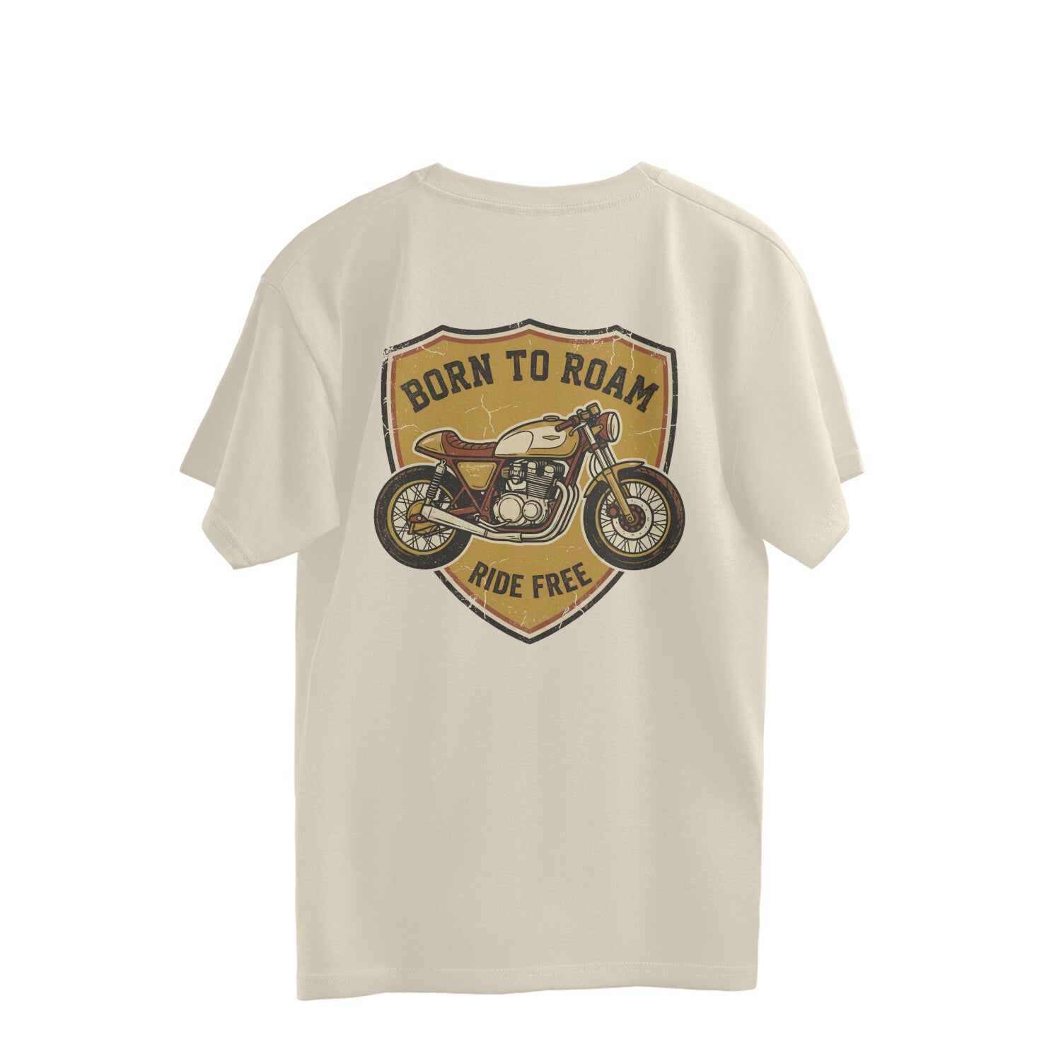 Back view of an Off White Nauma oversized t-shirt featuring the Born To Roam vintage biker badge back print
