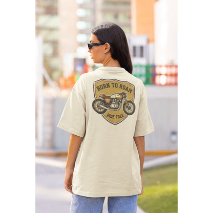Female model wearing the Nauma Born To Roam cafe racer oversized t-shirt in Off White, boxy unisex fit