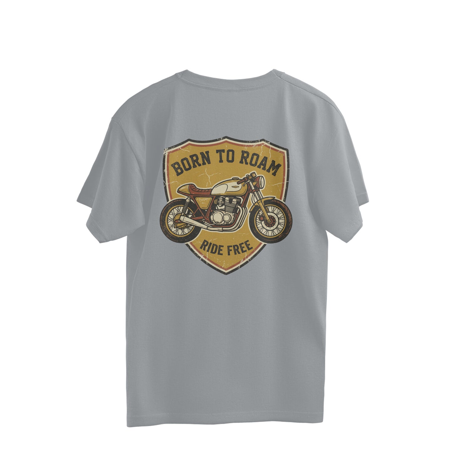 Back view of a Silver Frost grey Nauma oversized t-shirt with a retro cafe racer motorcycle shield graphic on the back