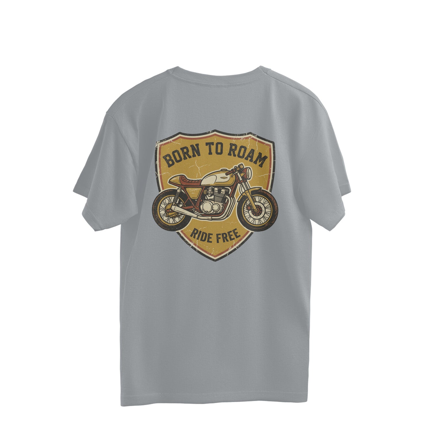 Back view of a Silver Frost grey Nauma oversized t-shirt with a retro cafe racer motorcycle shield graphic on the back