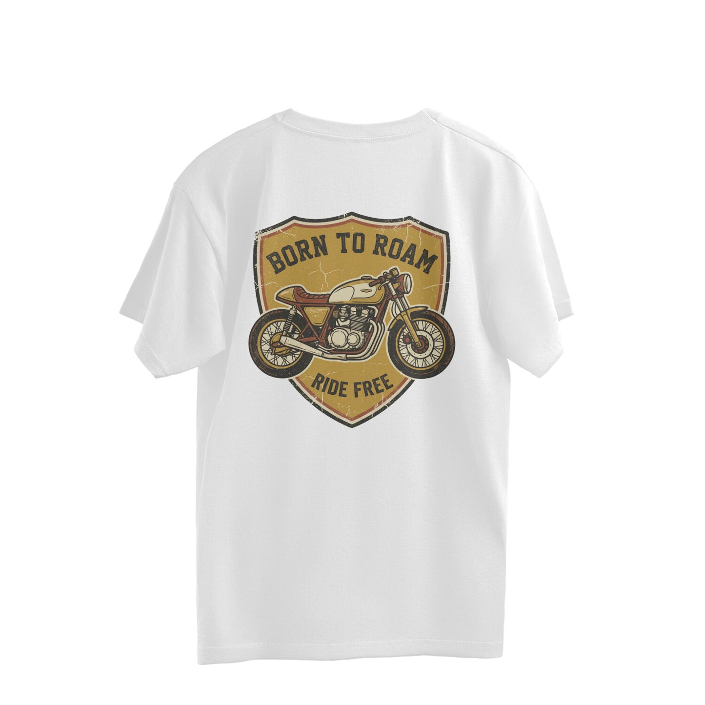 Back view of a white Nauma oversized t-shirt with a vintage Born To Roam Ride Free cafe racer badge print