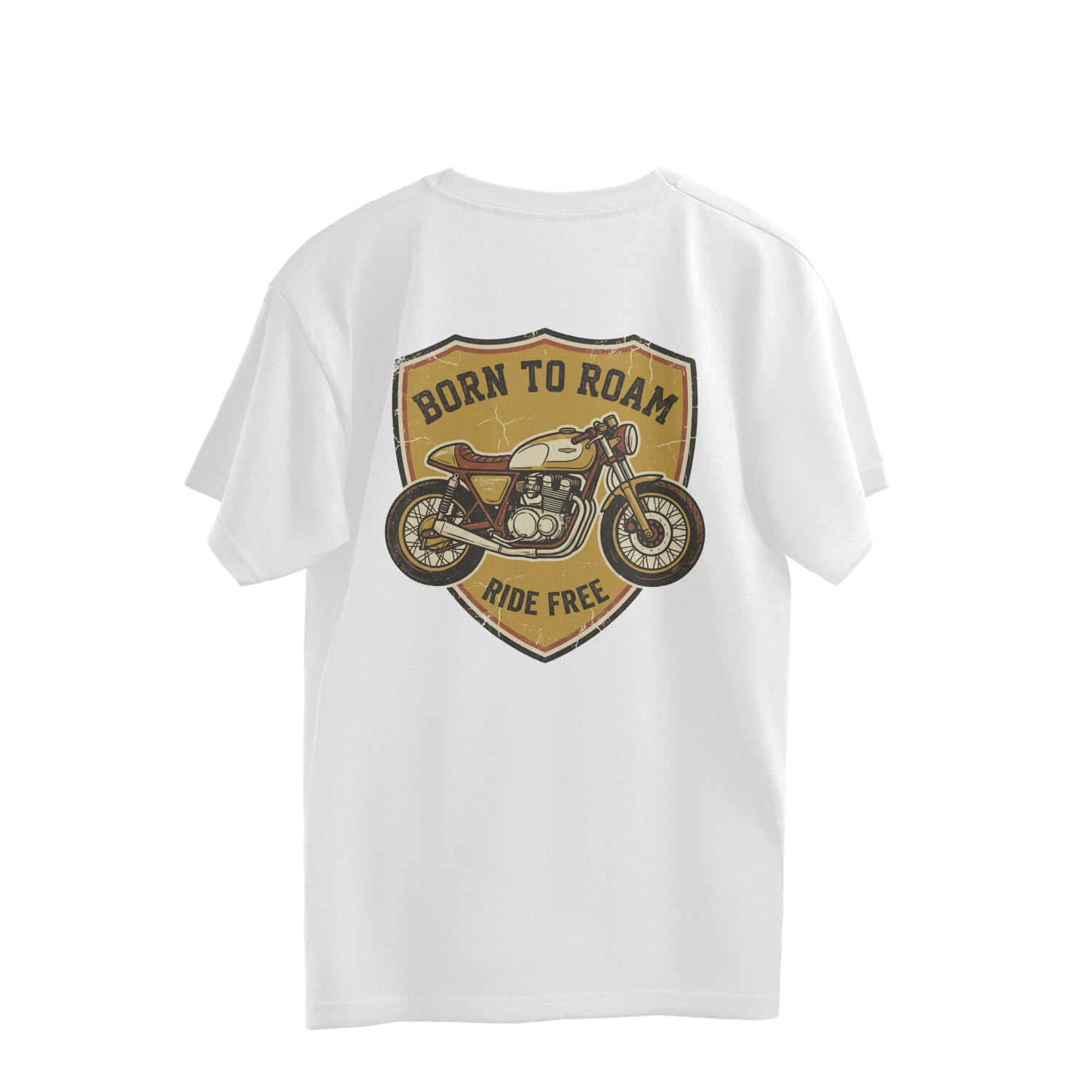 Back view of a white Nauma oversized t-shirt with a vintage Born To Roam Ride Free cafe racer badge print