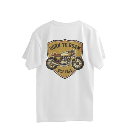 Back view of a white Nauma oversized t-shirt with a vintage Born To Roam Ride Free cafe racer badge print