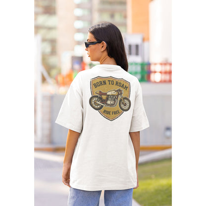 Female model wearing the Nauma Born To Roam cafe racer oversized t-shirt in White, boxy unisex fit