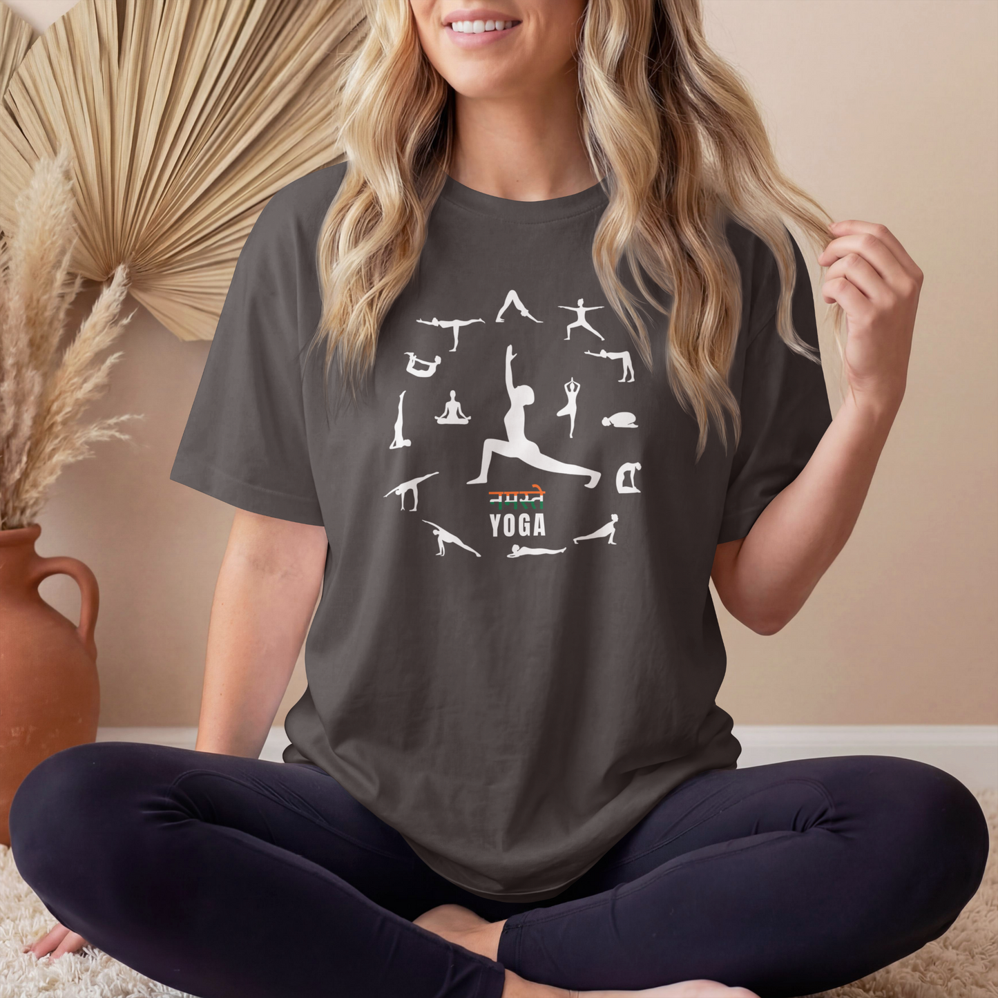 Charcoal Grey Women's Namaste Yoga Poses T-Shirt featuring yoga asanas graphic design on premium cotton tee