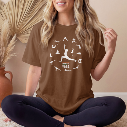 Coffee Brown Women's Namaste Yoga Poses T-Shirt featuring yoga asanas graphic design on premium cotton tee.