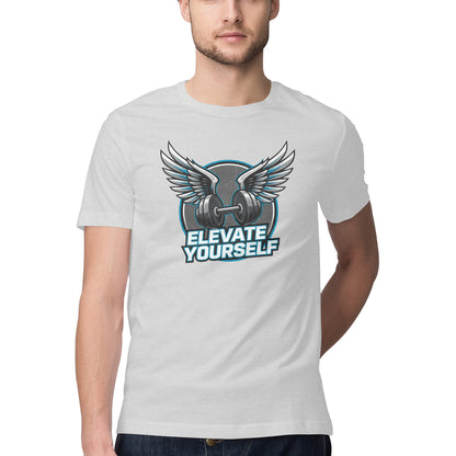 Man wearing a Melan Grey t-shirt with a graphic design and text 'Elevate Yourself'