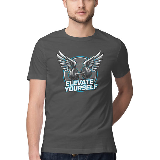 Person wearing a Charcoal Grey t-shirt with a graphic design
