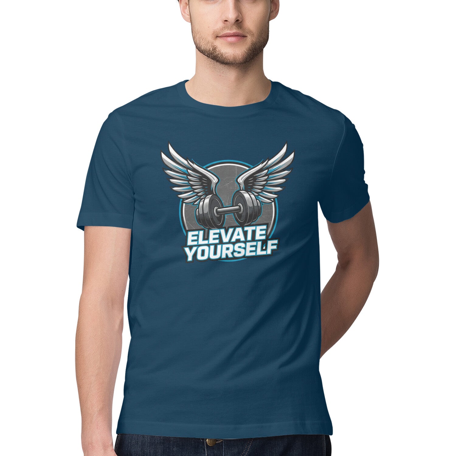 Person wearing a Navy Blue t-shirt with a graphic design