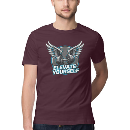 Man wearing a Burgundy t-shirt with a graphic design and text 'Elevate Yourself'