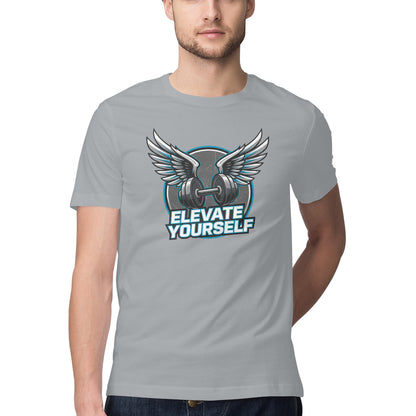 Person wearing a Silver Frost t-shirt with a graphic design and text 'Elevate Yourself'