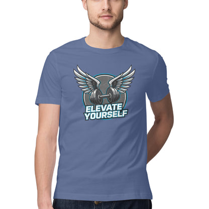 Man wearing a Smoke Blue t-shirt with a graphic design and text 'Elevate Yourself'