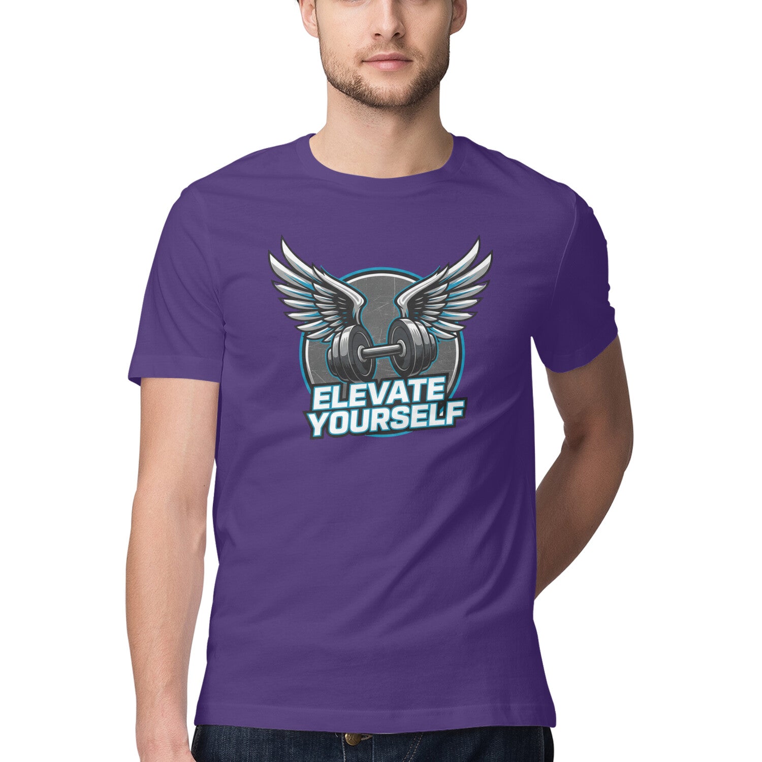 Person wearing a Purple t-shirt with a graphic design