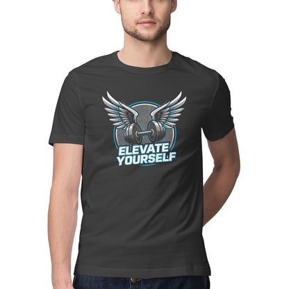 Person wearing a Black t-shirt with a graphic design and text 'Elevate Yourself' 