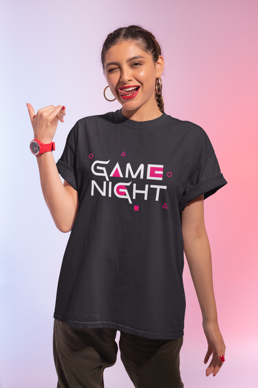 Game Night Oversized Black T-Shirt with Pink Geometric Shapes | Women's 180 GSM Cotton Tee