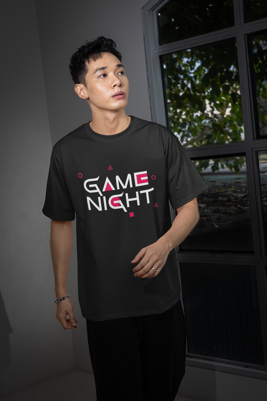 Game Night Oversized Black T-Shirt with Pink Geometric Shapes | Men's 180 GSM Cotton Tee