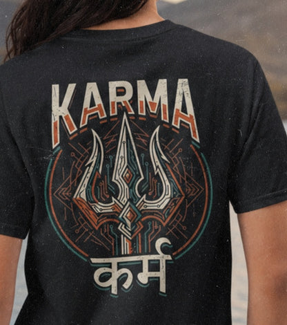 Close-up of Karma trishul graphic print on Black oversized t-shirt