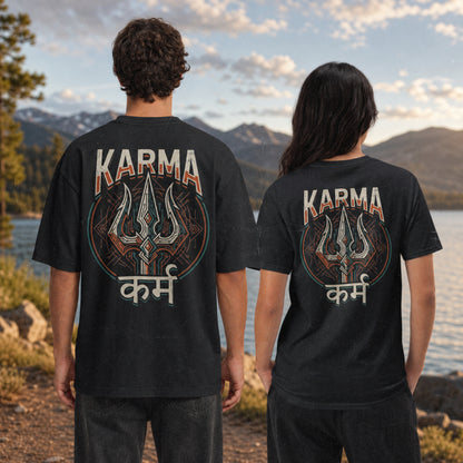 Man and woman wearing Karma oversized t-shirt in Black, back view