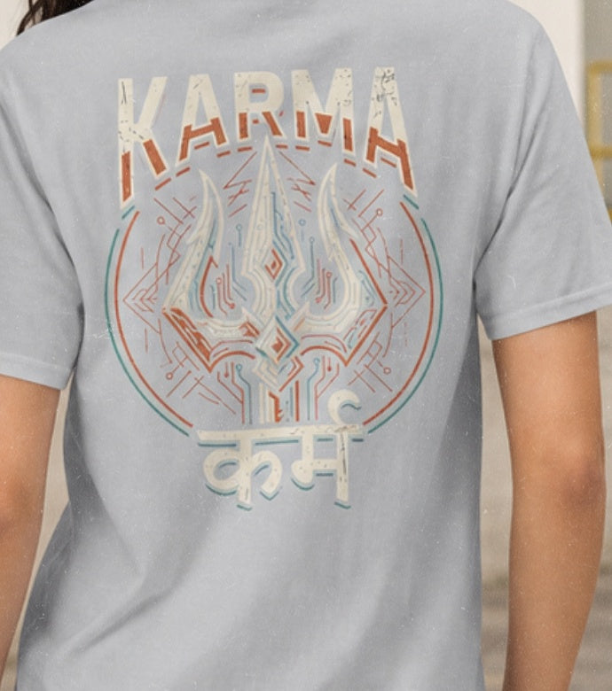 Close-up of Karma trishul graphic print on Melange Grey oversized t-shirt