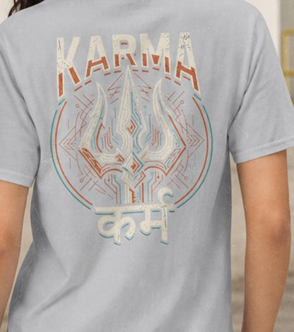 Close-up of Karma trishul graphic print on Melange Grey oversized t-shirt