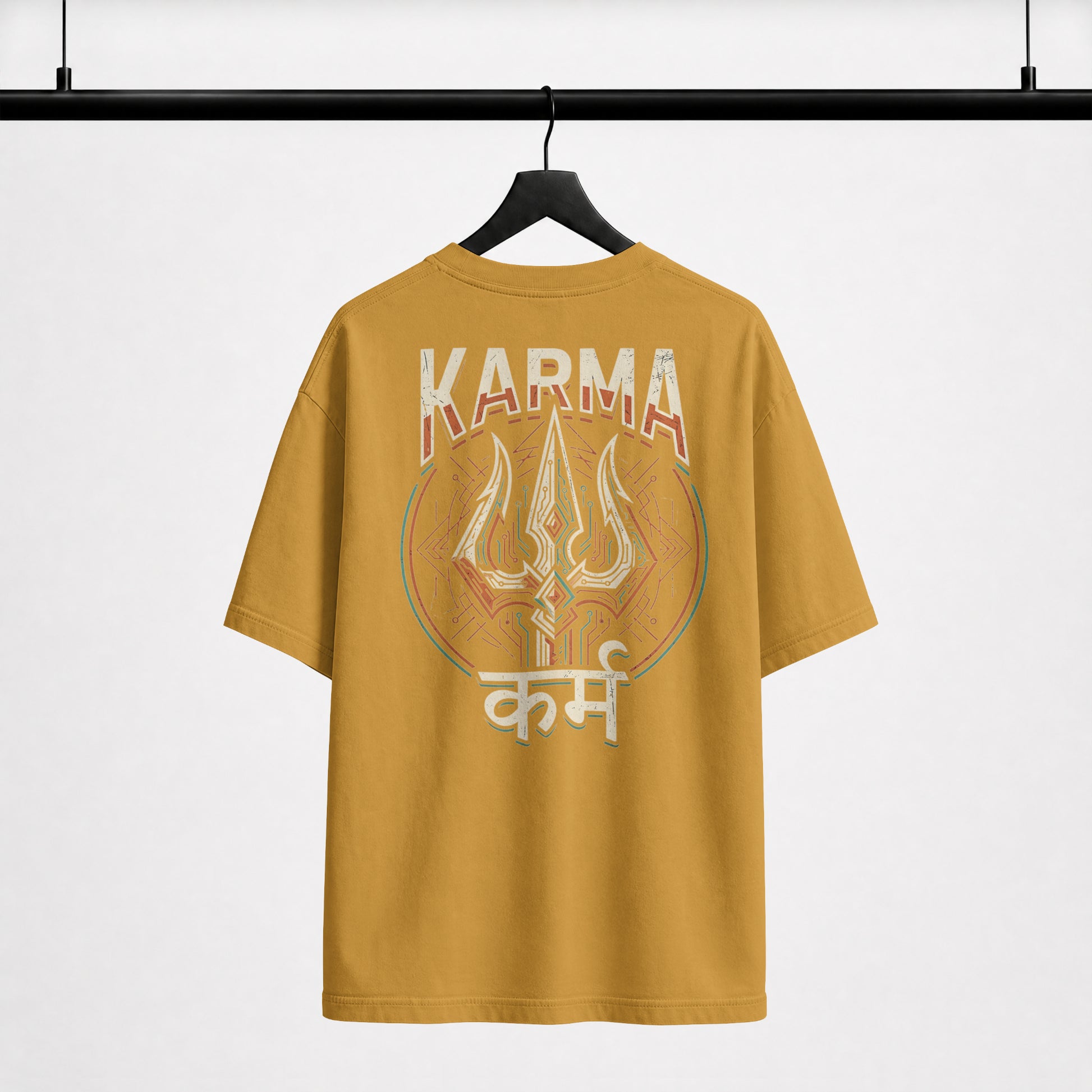 Karma oversized t-shirt back print in Mustard Yellow, on hanger