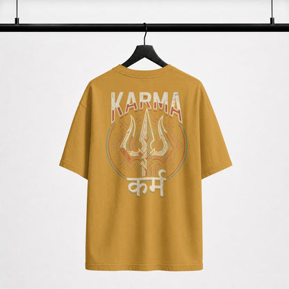 Karma oversized t-shirt back print in Mustard Yellow, on hanger