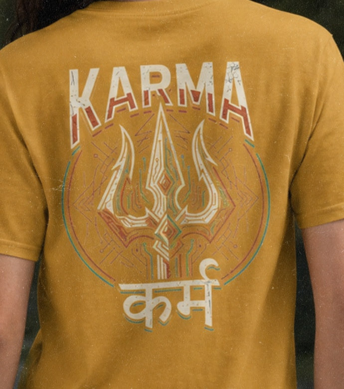 Close-up of Karma trishul graphic print on Mustard Yellow oversized t-shirt